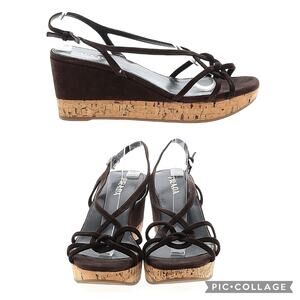 PRADA Brown Suede Cork Heel Platform Wedge Sandals Size EU 38